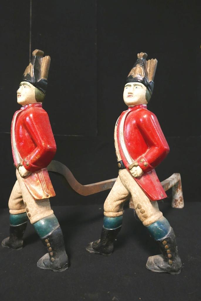 Pair Of Hessian Cast Iron Andirons: Pair of vintage cast iron Hessian figural andiron with nice old paint, 19.5"H, 24"D
