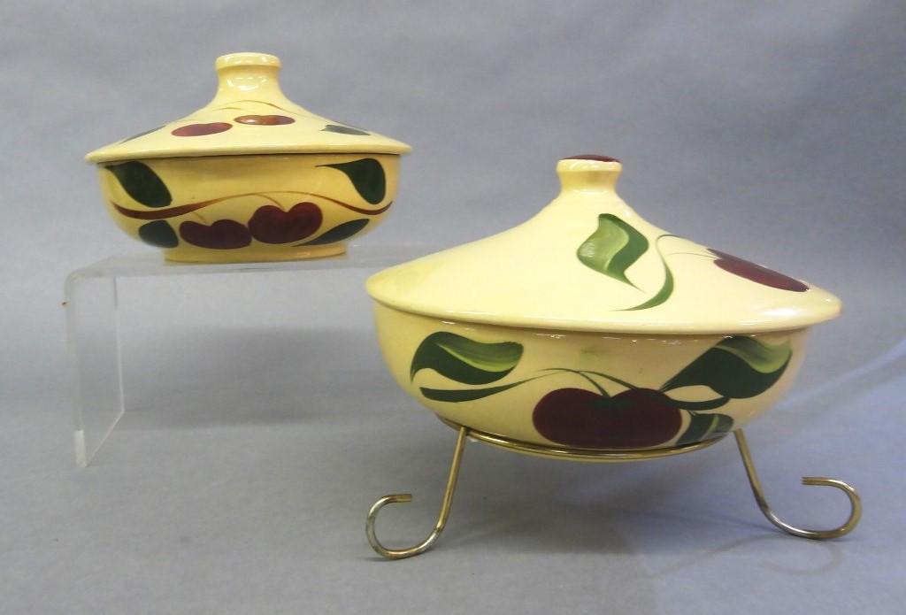 Pair of Watts Oven Ware Apple Pattern Bakers: Pair of vintage Watts Oven Ware #96 bakers with lids 8.5"D, decorated in apple with three leaves pattern, one baker includes a wire stand