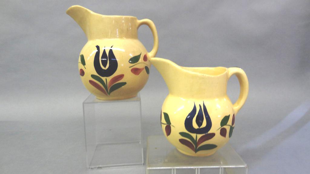 Watts Oven Ware Dutch Tulip Pitchers: Vintage Watts Oven Ware #13 one pint pitcher in the Dutch Tulip pattern 5.5"H, also a #16 two pint pitcher