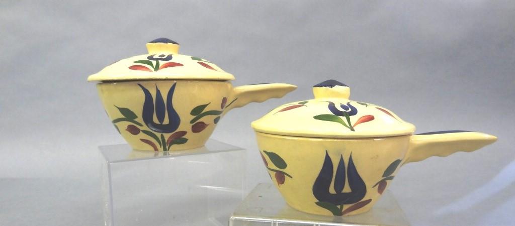 Pair of Watts Oven Ware Dutch Tulip Casseroles: Pair of vintage Watts Oven Ware #18 covered casseroles with French handle and dome lid 5"D