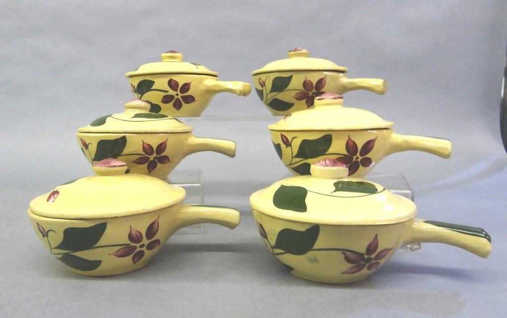 Six Watts Oven Ware Dutch Tulip Casseroles: Set of six vintage Watts Oven Ware covered casseroles with grooved French handle and domed lid, all marked "USA", 5.25"D