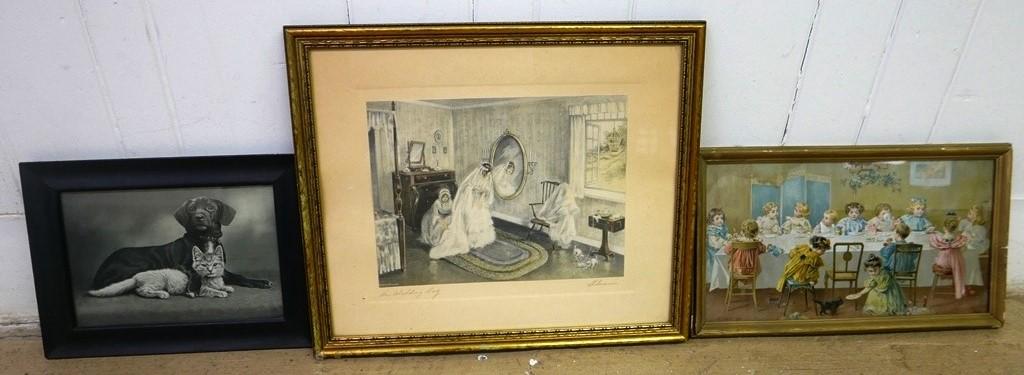 Gutmann & Other Cat Prints: Vintage Bessie Pease Gutmann print "Her Wedding Day" with two kittens playing with yarn, housed in its original wood frame 15.5" by 18.5" overall, colorful Victorian print of a children's luncheon wit