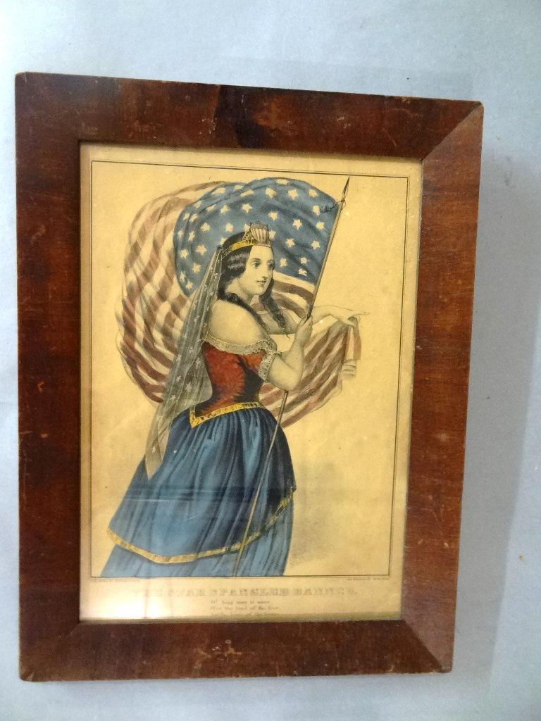 Currier & Ives Star Spangled Banner Print: Antique Currier & Ives hand colored print circa 1860 "The Star Spangled Banner" housed in its original frame, sight 9.5" by 13.5", overall dimensions 12.5" by 14.25"