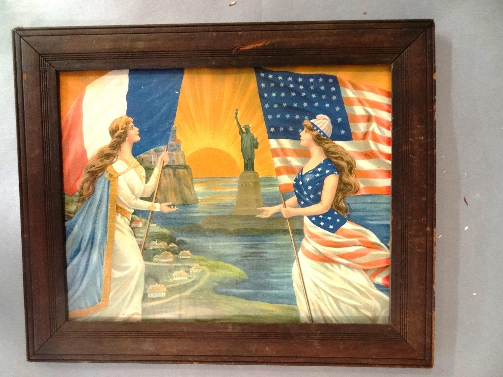 WW1 U.S. & France Patriotic Print: Hand colored print circa 1915 to 1920 Lady Liberty Holding the American Flag by the Statue Of Liberty and Marianne holding the French Tri-Color flag, sight 10.5" by 13.5", housed in original frame 14"