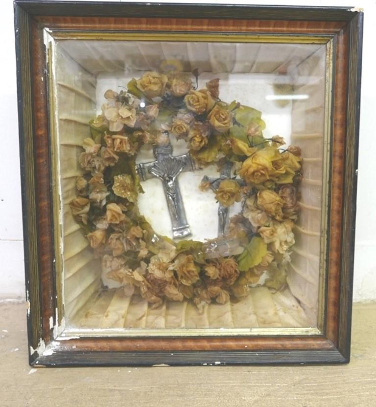 Large Victorian Memorial Shadow Box: Large Victorian shadow box, fabric lined interior contains two silver colored crosses and a wreath made from paper and fabric, 24" by 26" by 8"D