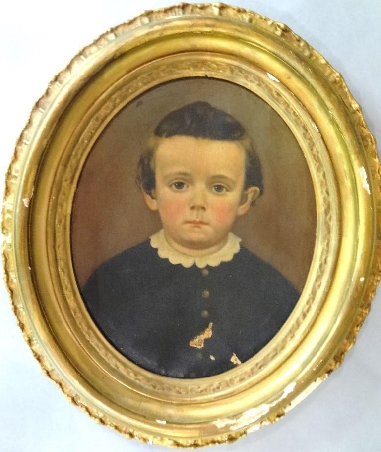 1850's Child's Portrait: Antique 19th century child's oil painting on canvas, note on back of frame identifies sitter as Charles Farrer Thompson [1846 - 1853], mounted on oval wood stretcher 15" by 18", housed in original ges