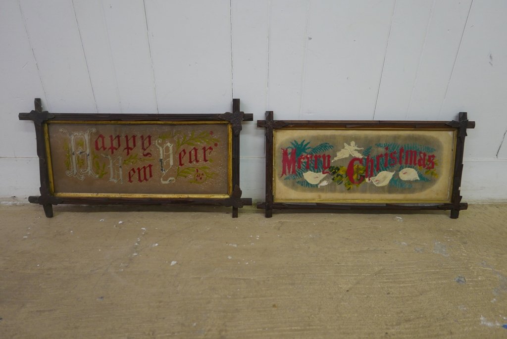 Merry Christmas, Happy New Year Needlepoints: Two antique needlepoints in their original rustic wood frames, sight 8.25" by 20.5", overall size 14" by 26"