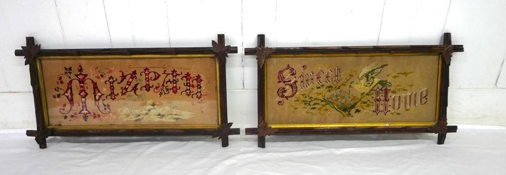 Sweet Home & Jewish Needlepoints: Two antique needlepoints in their original rustic wood frames, sight 8.25" by 20.5", overall size 14" by 26"