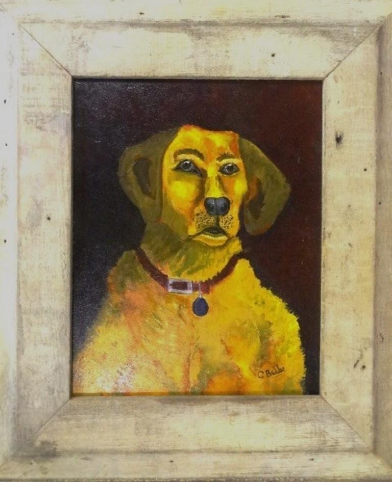 Outsider Art Dog Painting: Contemporary oil on canvas of man's best friend, signed illegibly lower right [C. Bridder?], mounted on wood stretcher 16" by 20", mounted in recycled wood frame 25" by 30" overall