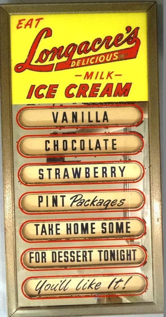 Longacre's Ice Cream Menu Board: Vintage menu board by Mirro-Products, High Point N.C., reverse painted and mirrored glass over printed cardboard menu, plated tin frame, 10" by 20"