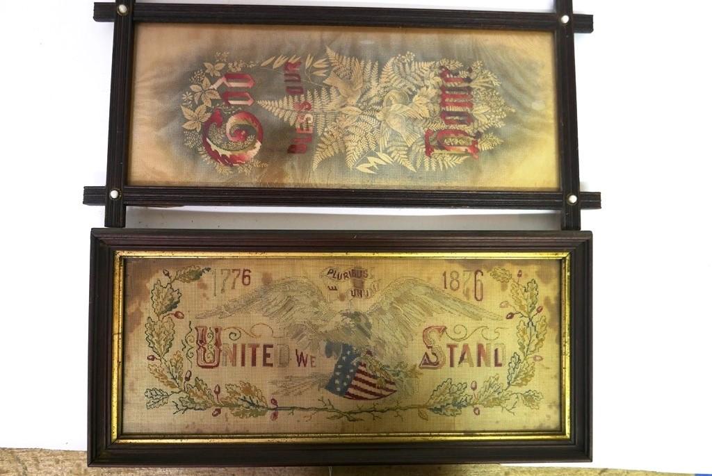 Centennial & God Bless Our Home Needlepoints: 8.25 by 20.5", housed in its original wood frame with gilt trim and wood backing 11" by 23", 19th century "God Bless Our Home with needlepoint lettering over a printed image, sight 8" by 20.5", housed