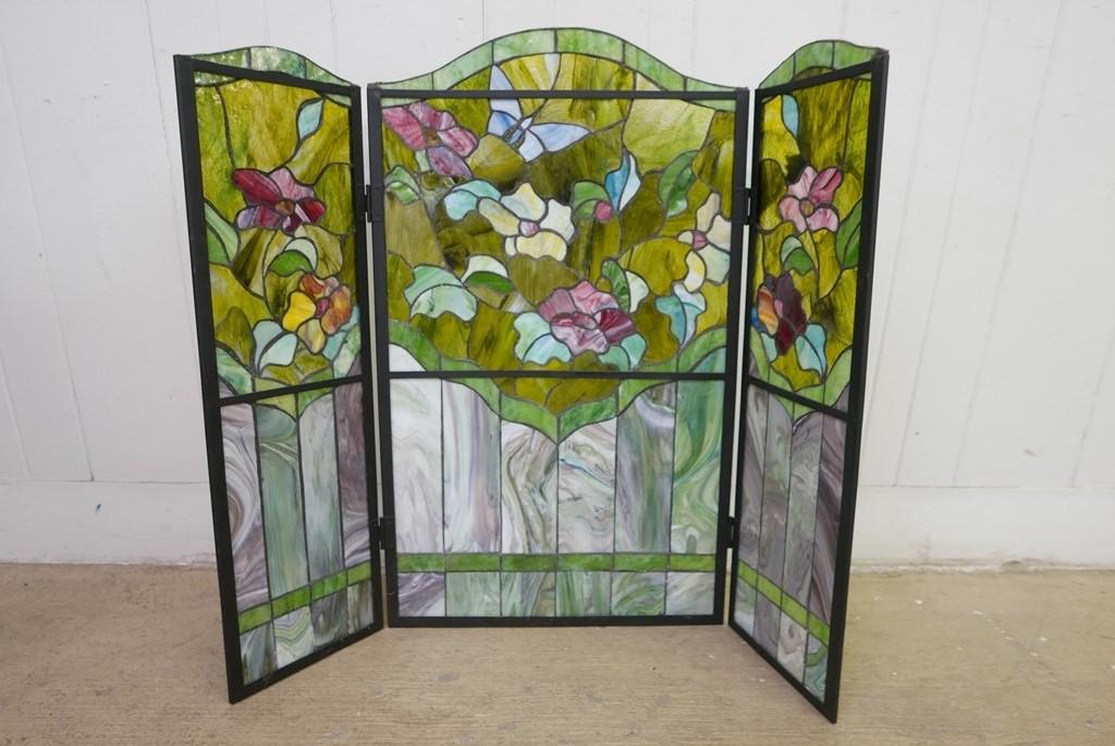 Art Nouveau Style Stained Glass Screen: Modern reproduction Art Nouveau three part hinged fireplace screen, leaded glass within a metal framework 34"H, 40.5"W