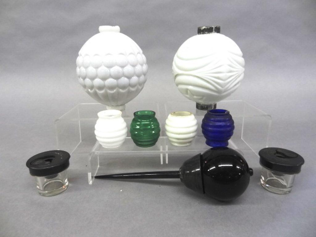 Lightning Rod Balls, Insulators, Inkwells: Antique off white lightning rod insulator with embossed stars 5"H, light gray lightning rod insulator with chips on rims 5"H, four colored glass insulators with minor chipping on rims 1.75"L, American