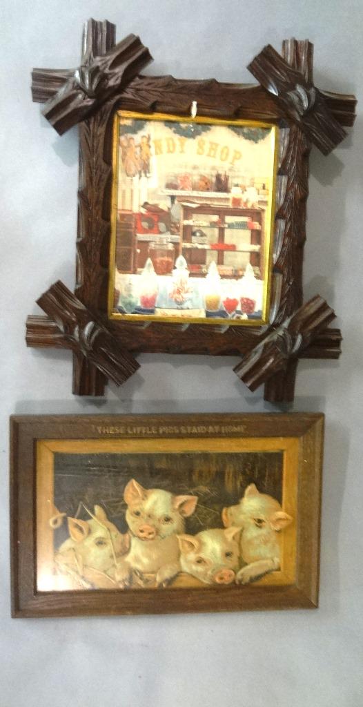 Four Little Pigs Print & Other: Antique chromolithograph print of four pigs, original oak frame has applied lettering across top "THESE LITTLE PIGS STAID AT HOME", 10.25" by 15.75", antique rustic log style frame with a reproduction
