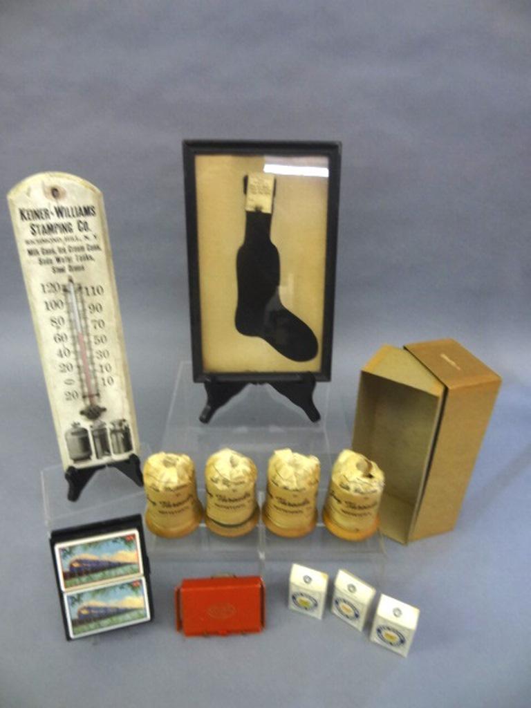 Vintage Advertising Items: Framed child's sock from Acorn Hosiery Mill Reading Pa. circa 1916 in frame 8" by 12.5", three packs of Cow Brand Baking Soda 2.5"H, Jay Threads Inc. Pottstown Pa. set of four rolls of four ounce thre