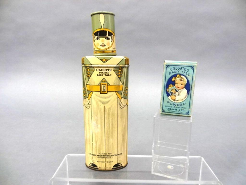 Two 1920's Baby Talc Containers: Cadette Baby Talc litho tin soldier form container 7.25"H, Colgate's Baby Talc litho tin in original box with advertising card 2 1/8"H