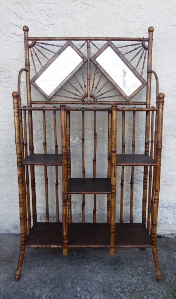 Antique Victorian Bamboo What Not Shelf: Antique bamboo stick and ball style what not display cabinet with oak shelves, top has two framed beveled mirrors held in place with bamboo sticks in a sunray pattern, 31"W, 54"H, 10"D