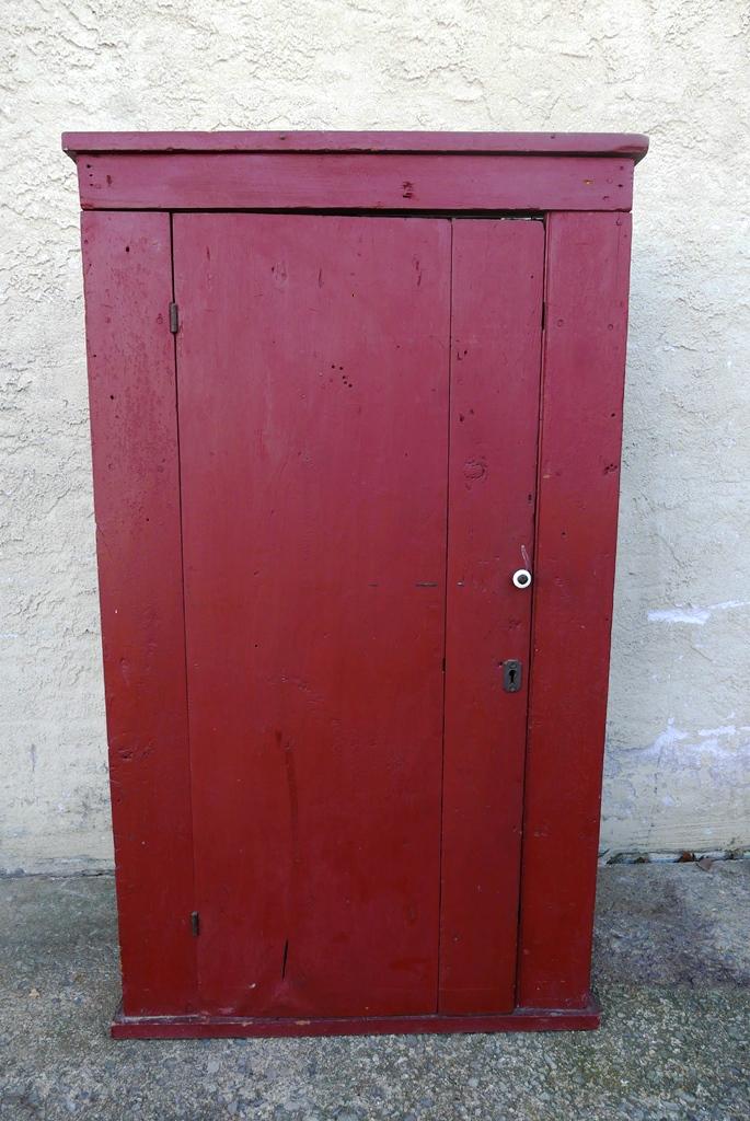 Antique Primitive Painted Pine Jelly Cupboard: Antique mid to late 1800's red painted pine jelly cupboard, single door with iron hinges and ceramic knob, four fixed interior shelves, 26"W, 45"H, 11"D