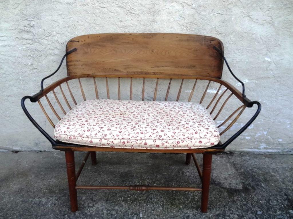 Antique Wagon Seat Bench: Antique 19th century wood buggy seat with iron braces has had legs and stretchers added to turn it into a bench, 36.5"W, 33"H, 21"D