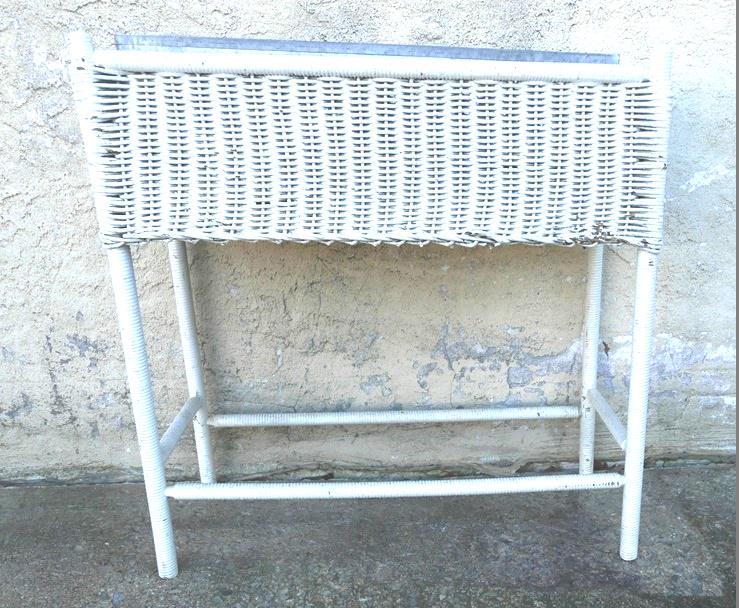 Vintage White Wicker Plant Stand: Vintage white wicker plant stand with a galvanized steel liner, 28"W, 28"H, 11"D