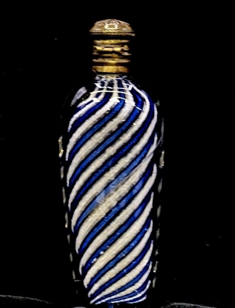 Nailsea Blue & White Scent Bottle: Antique late 19th century English Nailsea style blue and white swirl scent bottle with brass hinged lid 3.5"H