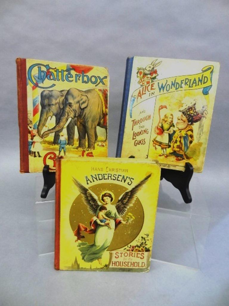 Three Early Illustrated Children's Books: Alice In Wonderland and Through The Looking Glass published by McLoughlin Brothers with 42 illustrations by John Tenniel, Chatterbox Circus illustrated by Laurence H. Francis 1893, Hans Christian Ande