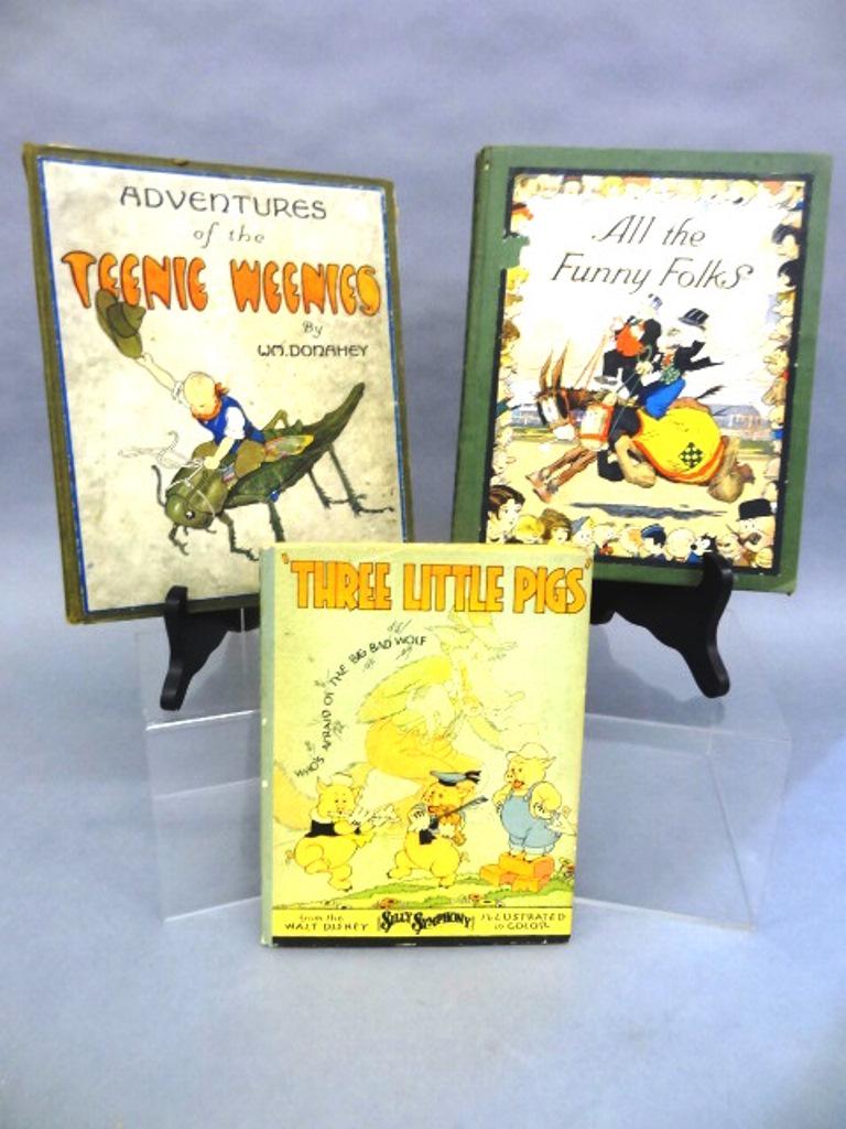 Three Early Children's Comic Character Books: All The Funny Folks 1926 by King Features featuring color illustrations of dozens of 1920's comic characters, Adventures Of Teenie Weenies by W.M. Donahey circa 1920 with color and black and white ill