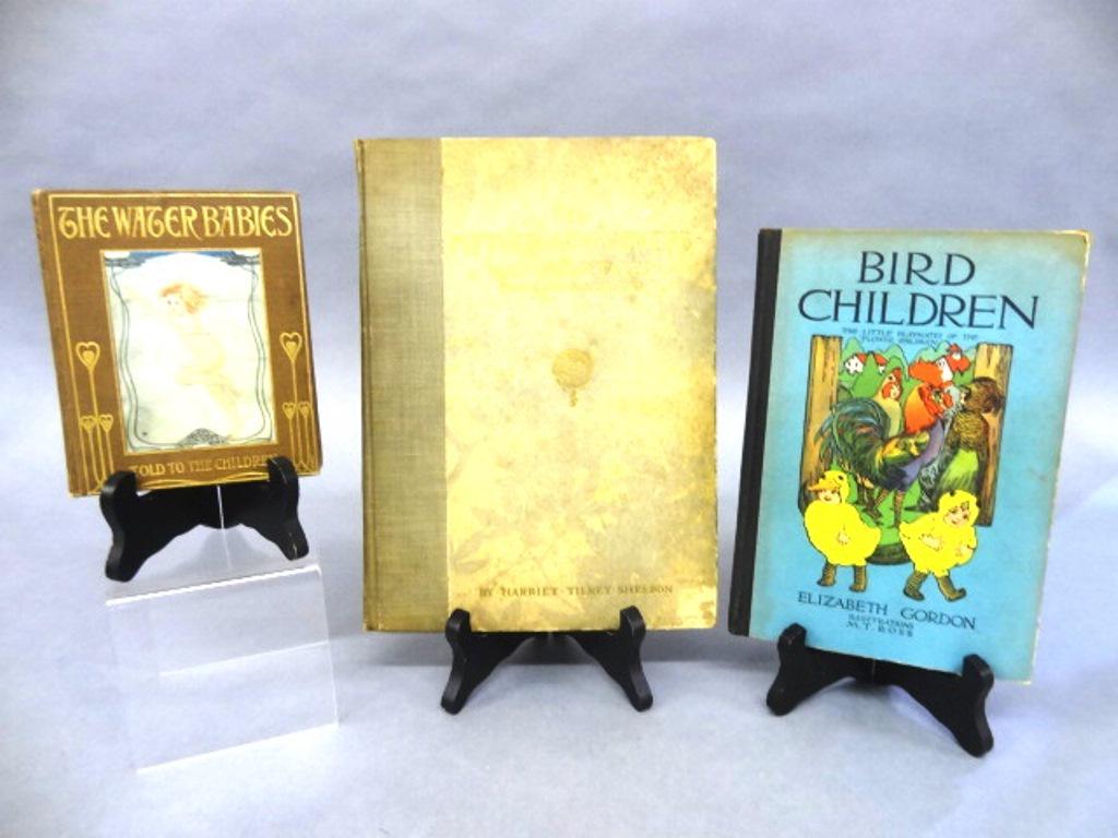 Three Early Illustrated Children's Books: Bird Children by Elizabeth Gordon illustrated by M.T. Ross 1930 edition with gift inscription, The Water Babies Told To The Children by Charles Kingsley illustrated by Katherine Cameron, The Mythology