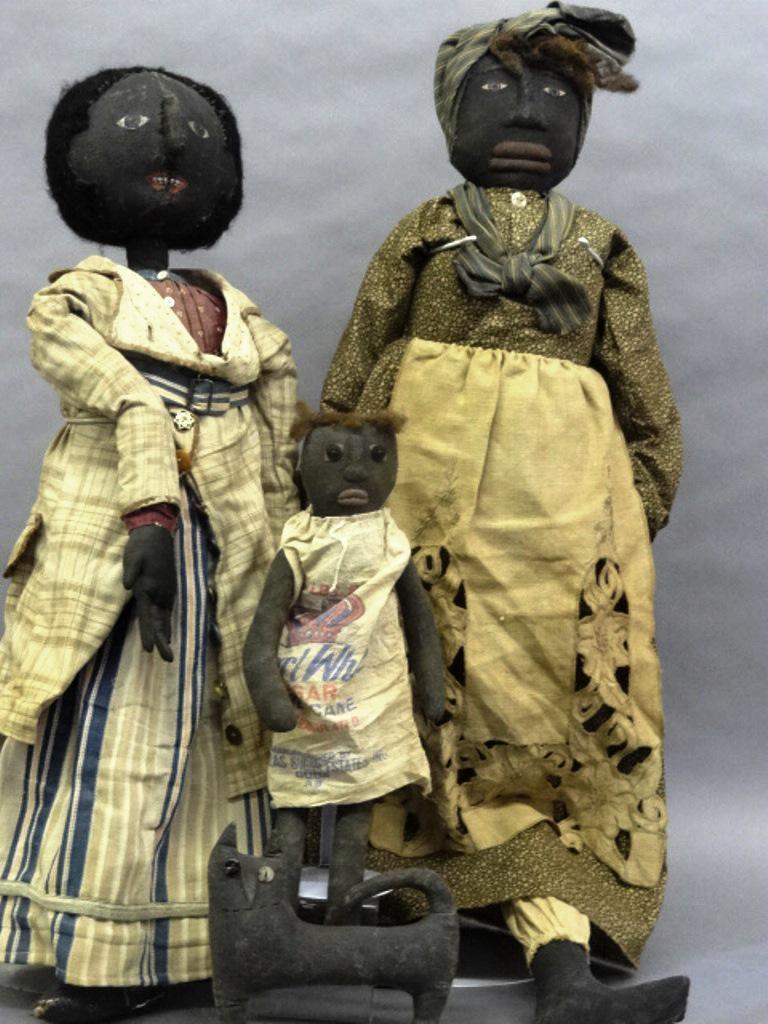 Folksy Artisan African American Dolls: Artisan contemporary doll with hand painted canvas face, wool hair, stuffed fabric body, antique leather shoes and clothes made from old fabrics 31"H, artisan doll with hand painted fabric head, wood 