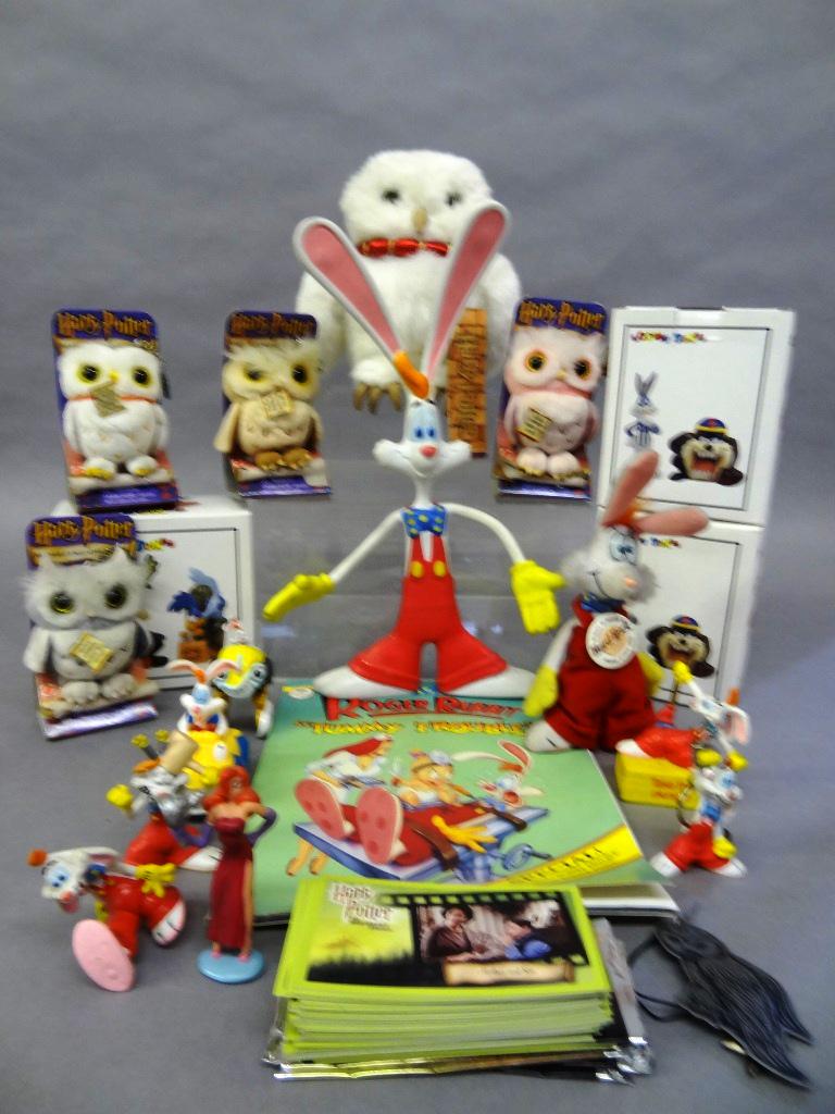 Looney Tunes, Roger Rabbit & Harry Potter Collectibles: Three sets of ceramic Looney Tunes salt and pepper shakers in their original boxes, Roger Rabbit Disney Music Book #1, Roger rabbit toys and figures tallest 11", Harry Potter stuffed Hedwig owl 8"H, f