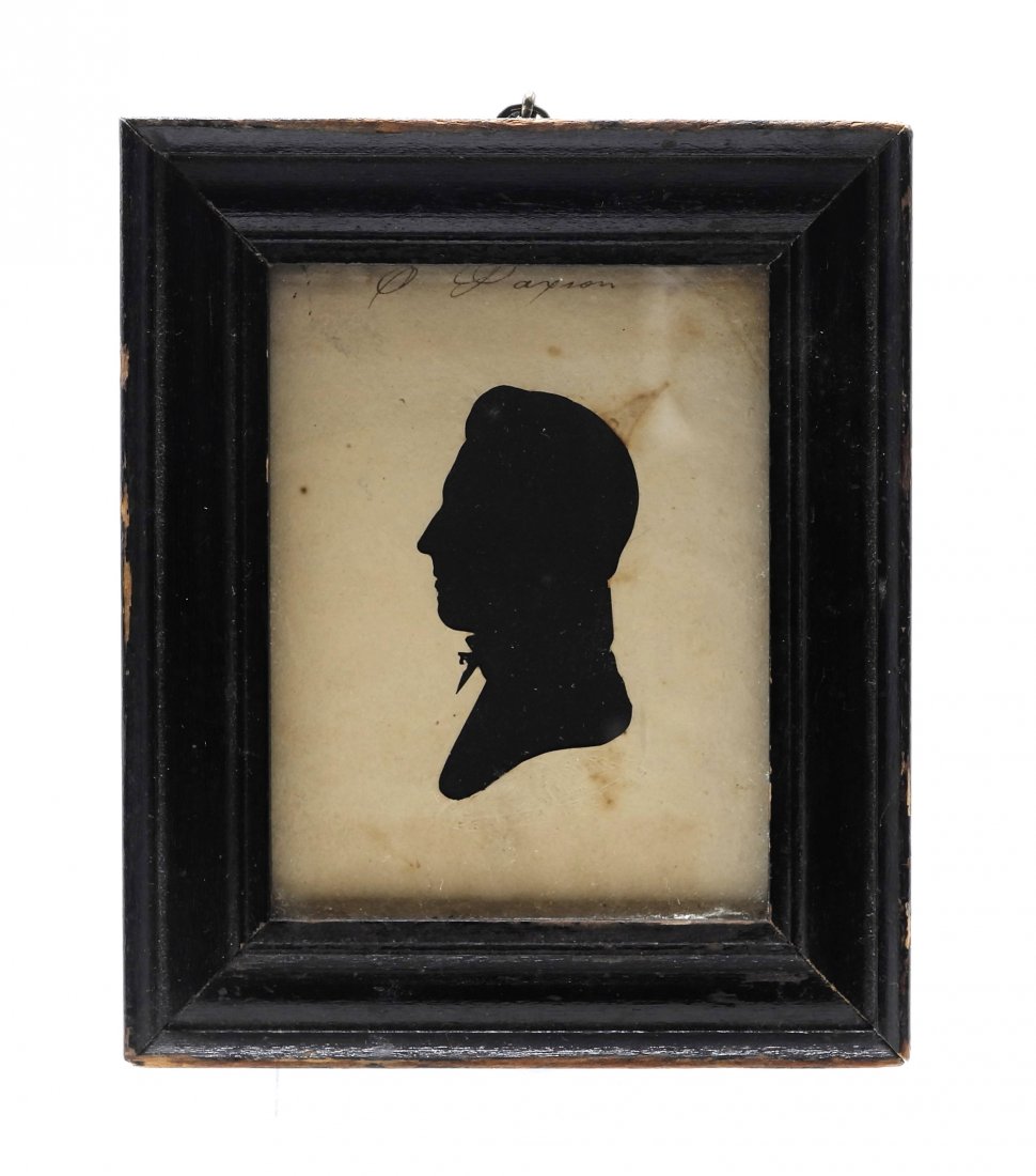 Peale Museum Silhouette: Antique early 19th century gentleman's silhouette, paper under portrait has embossed American Eagle & Peale's Museum, paper signed at top "O. Paxson", the 1840 U.S. census lists an Olaver Paxson of Mo
