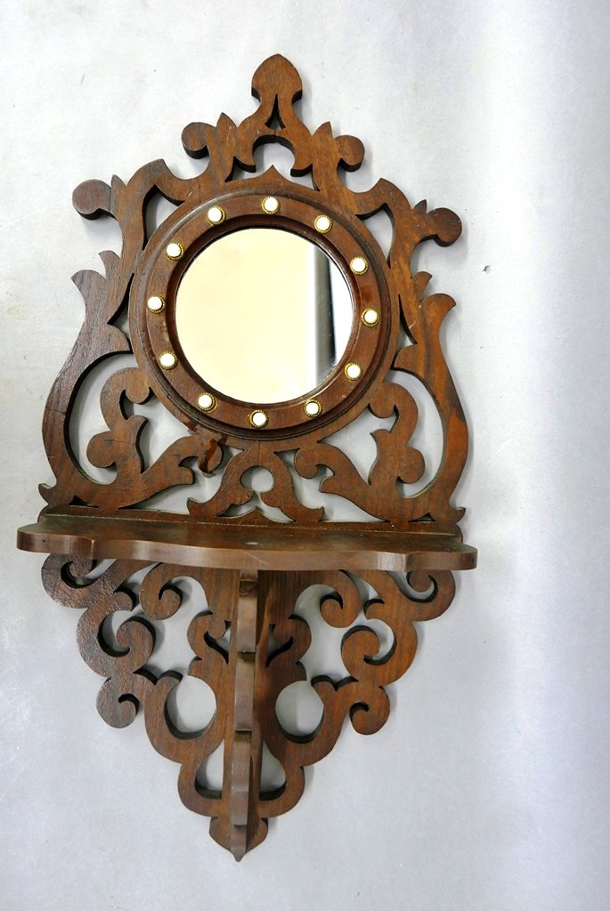 Victorian Walnut Mirrored Shelf: Antique Victorian walnut hanging shelf with mirror decorated with ceramic balls with tin backing, 14.25"W, 27.5"H