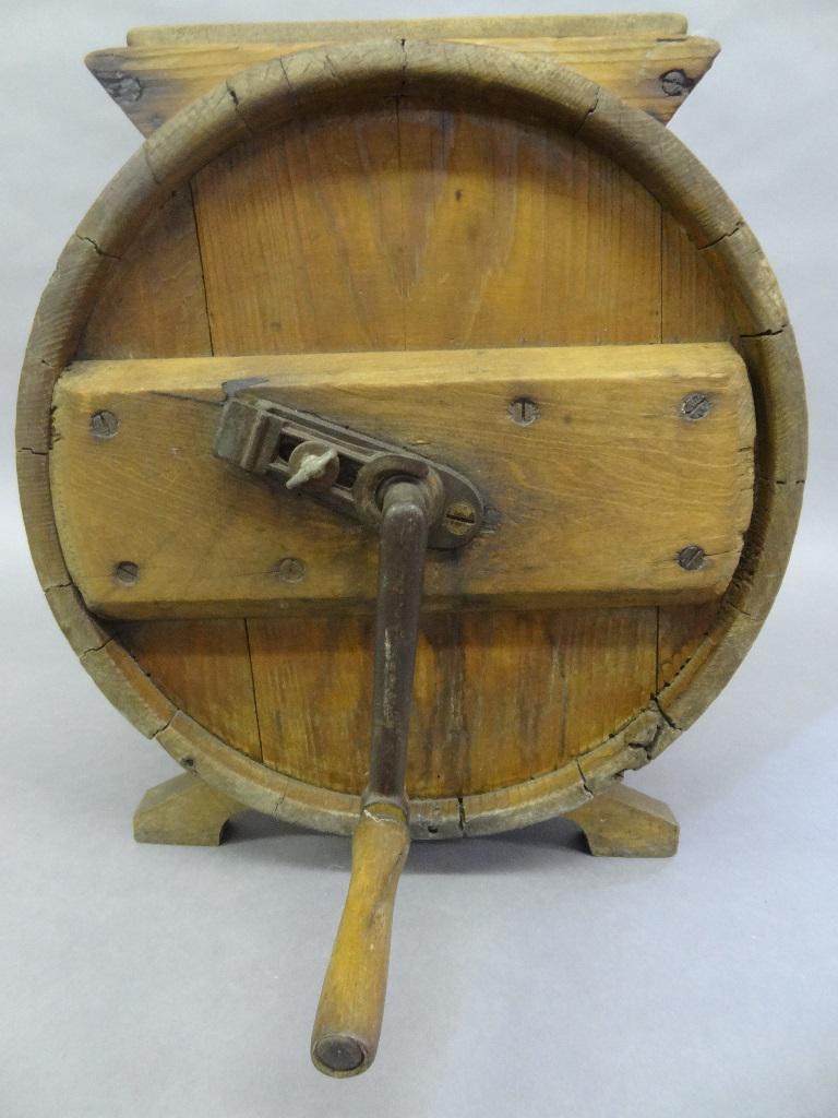 Antique Table Top Butter Churn: Antique hand crank butter churn circa 1860 to 1900, wooden staved construction with tin hoops, 13"W, 16"H, 9.5"D excluding handle