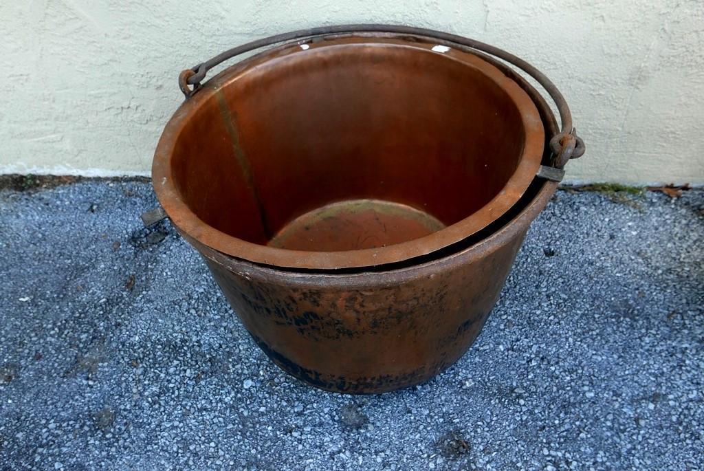 Antique Apple Butter Kettle With Liner: Antique copper apple butter kettle with thick wrought iron handle 25"D, 18"H, comes with a removable copper liner with iron tabs on top