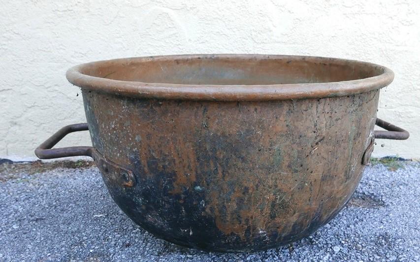 Antique Apple Butter Kettle: Antique copper apple butter pot with rounded bottom, thick iron loop handles on two sides, 26"D, 14.5"H, 32"W between handles