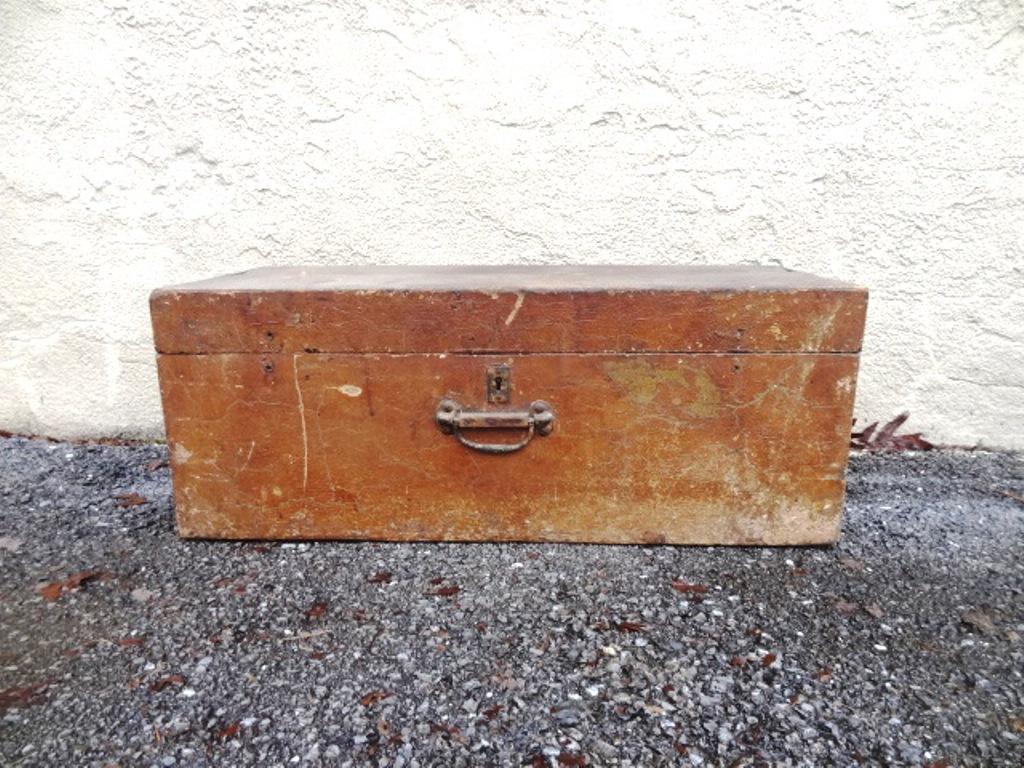 19th century Wood Tool Box: Antique mid to late 1800's wood tool box with worn original finish, handle and lock 28"W, 11.5"D, 10.5"H