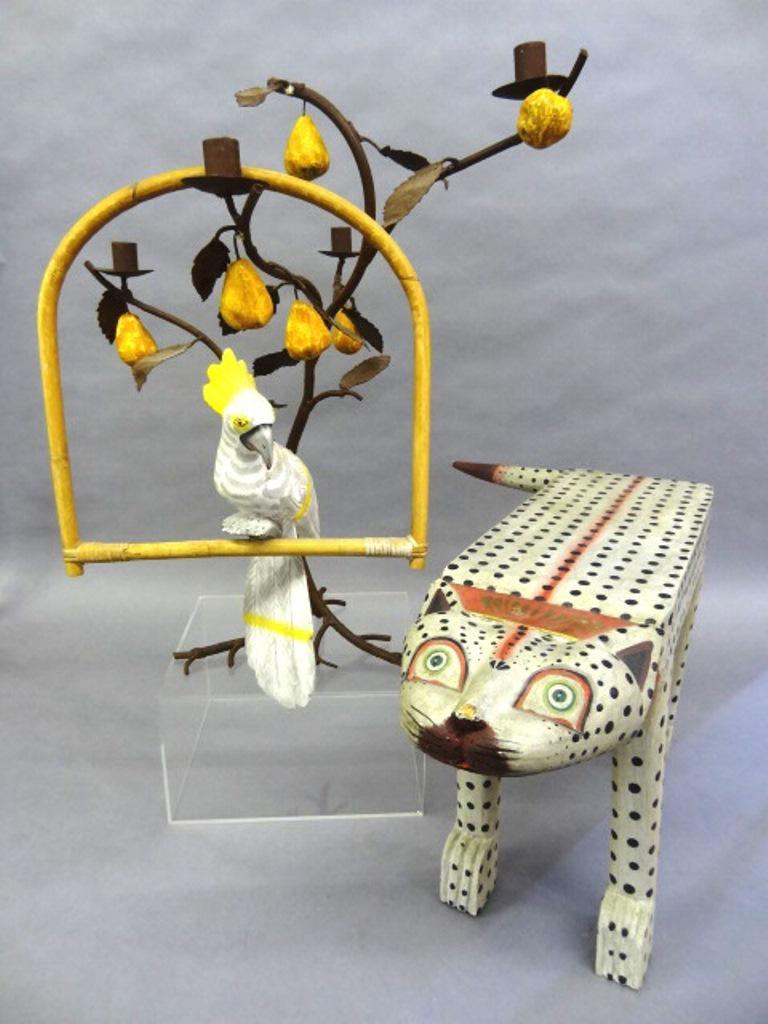 Contemporary Cat Bench & Pear Candelabra: Hand painted wood cat bench or foot stool 13"H excluding tail, hand made steel pear tree with four steel sockets and composition pears 21"H, hand carved and painted parrot on swing 17"H overall