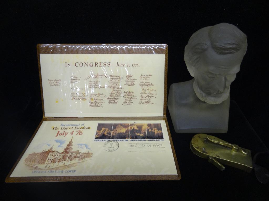 Bicentennial Stamps, Centennial Lincoln & Fleam: 1976 Bicentennial first day cover includes worn envelope with writing, Lincoln glass Centennial bust by Gillinder & Sons with chip on face 6"H, mid 19th century brass and iron Snowden fleam with broke