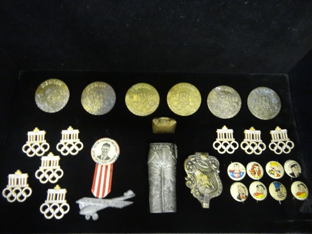 Lindbergh Pin With Airplane, Match safe & Others: Antique Charles Lindbergh pin circa 1927 with ribbon and soft metal airplane 3.5"H, Early 20th century soft metal figural work pants match safe, seven 1940's comic character Pep Pins .5"D, Knights Of