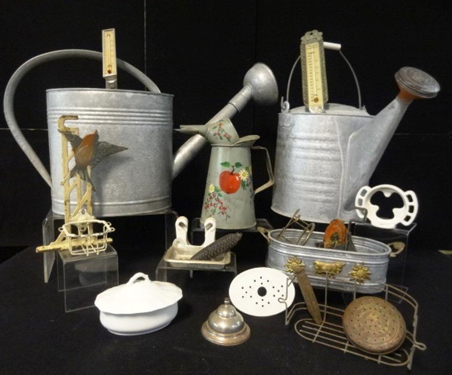 Vintage Watering Cans & Bathroom Accessories etc.: Large oval galvanized steel watering can with brass plated nozzle 26"L, round watering can with nozzle 18"L, extra brass plated nozzle, newer galvanized steel small tub with ormolu cow and flowers on