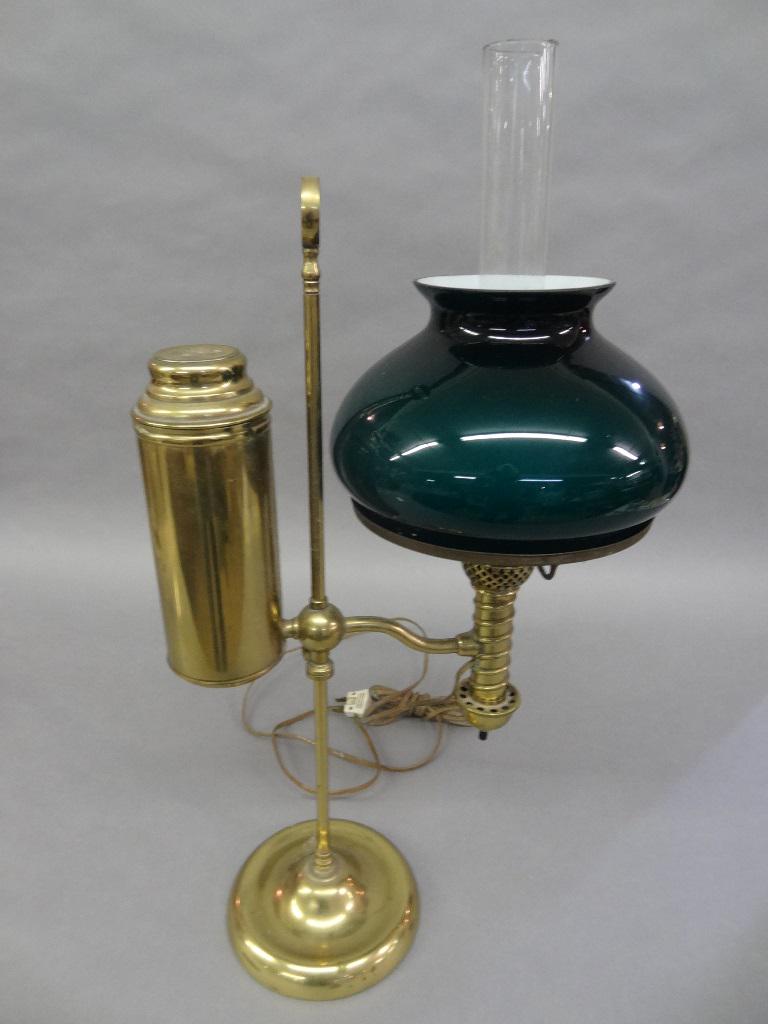 Vintage Electrified Student Lamp: Vintage brass student lamp retaining its original reservoir, green over white case glass shade and clear chimney, later conversion to electric, 23"H to top of chimney