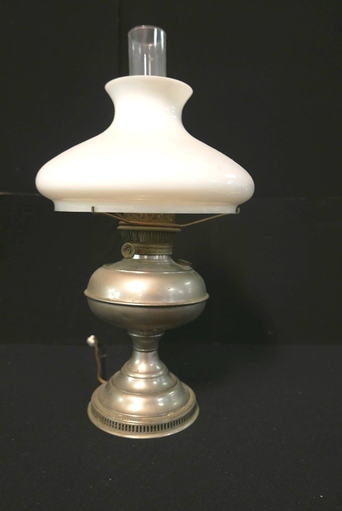Vintage Rayo Kerosene Lamp Electrified: Vintage Rayo nickel plated kerosene lamp with white glass shade and clear chimney 21"H, later electrification
