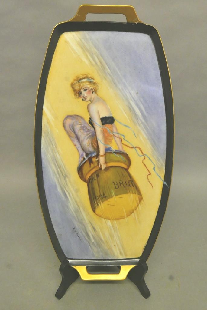 Antique Hand Painted Art Nouveau Tray: Antique porcelain tray stamped H. & Co. under a crown Bavaria, incised mark 9121, beautifully hand painted young woman riding on a shooting champagne cork marked "1904 Brut", signed by artist M.R. Car