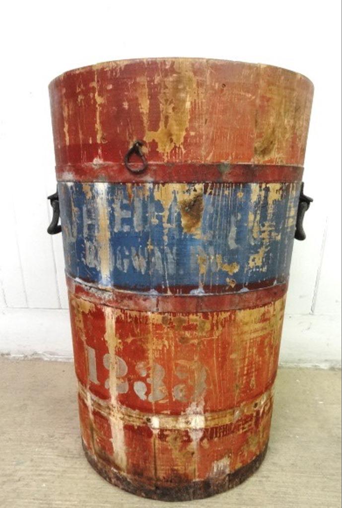 Primitive Antique Painted Barrel: Antique heavy staved barrel with old red and blue paint, heavy iron handles on sides, 17.5"D, 26.5"H