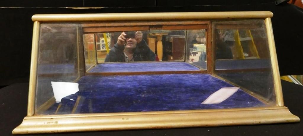 Antique Counter Top Display Case: Early 20th century counter top display case has a nickel plated frame, slanted front and hinged back door, 25"W, 10.5"H, 23"D