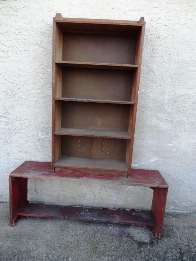 Primitive Pine Bookcase & Bench: Vintage pine bookcase with five shelves 25"W, 48"H, 9"D, primitive bench with worn red paint 48"W, 18.5"H, 12"D
