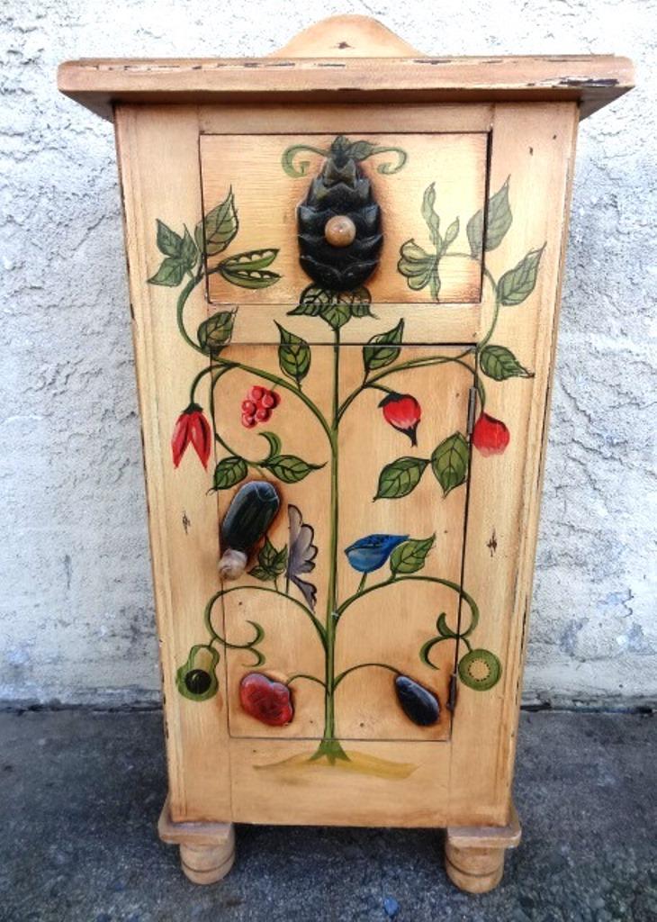 Small Painted Cabinet: Contemporary used small painted cabinet with floral decoration on front, single drawer over single door, 16"W, 36"H, 11.5"D