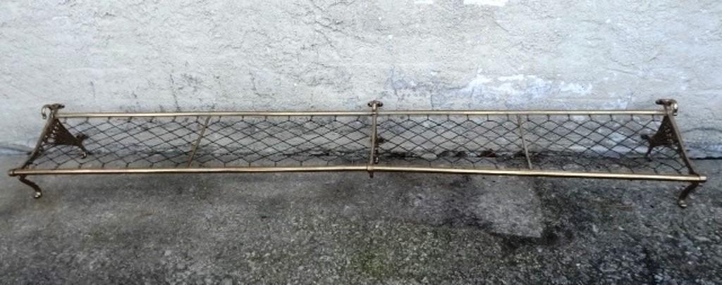 Antique Brass Train Luggage Rack: Antique brass luggage rack for a train or trolley, ornate brass casting with a wire mesh shelf, hooks on top for hats and below for coats, 70"W, 10.75"D, 8.75"H
