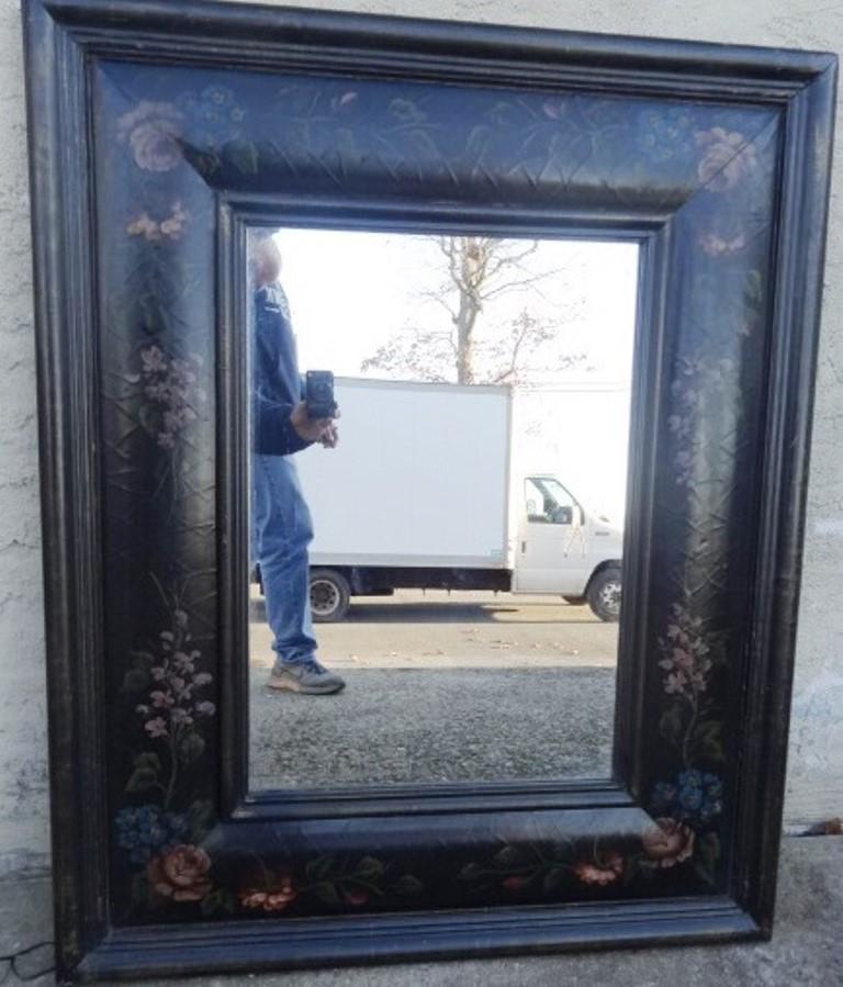 Hand Painted Floral Mirror: Hand Painted wood mirror with floral decoration, 33.25"H, 41.25"W