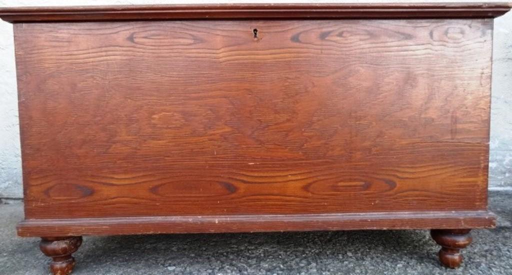 Antique Pa. Blanket Chest: Antique 19th century Pennsylvania tulip poplar blanket chest, two board top covers interior well with till, original hinges and lock, turned feet, 43.5"W, 21"D, 24"H